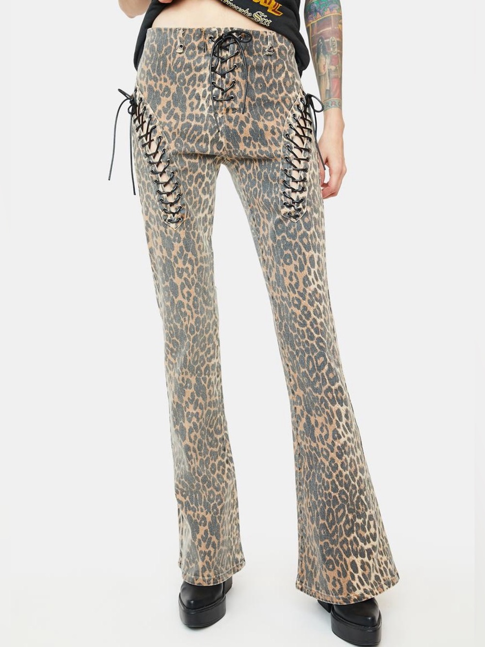 EDIKTED Corset Lace Leopard Print Flared Denim Jeans High Waist Tan Brown Black